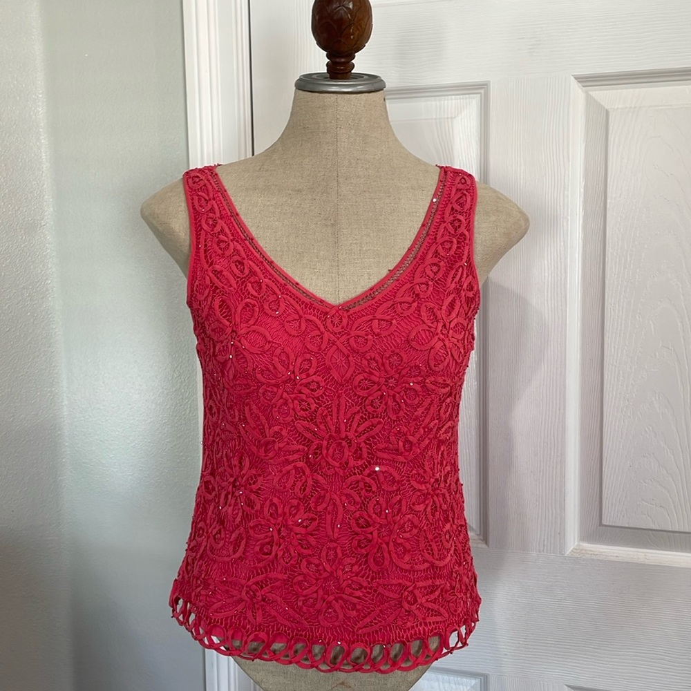 Sigrid Olsen silk sleeveless V-neck lace floral beaded embellished top handmade